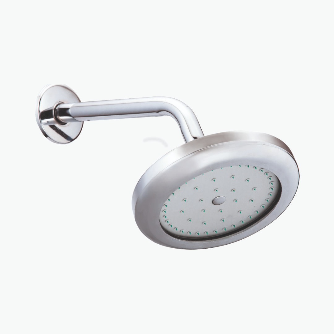 Square overhead rain shower for stylish bathroom decor.